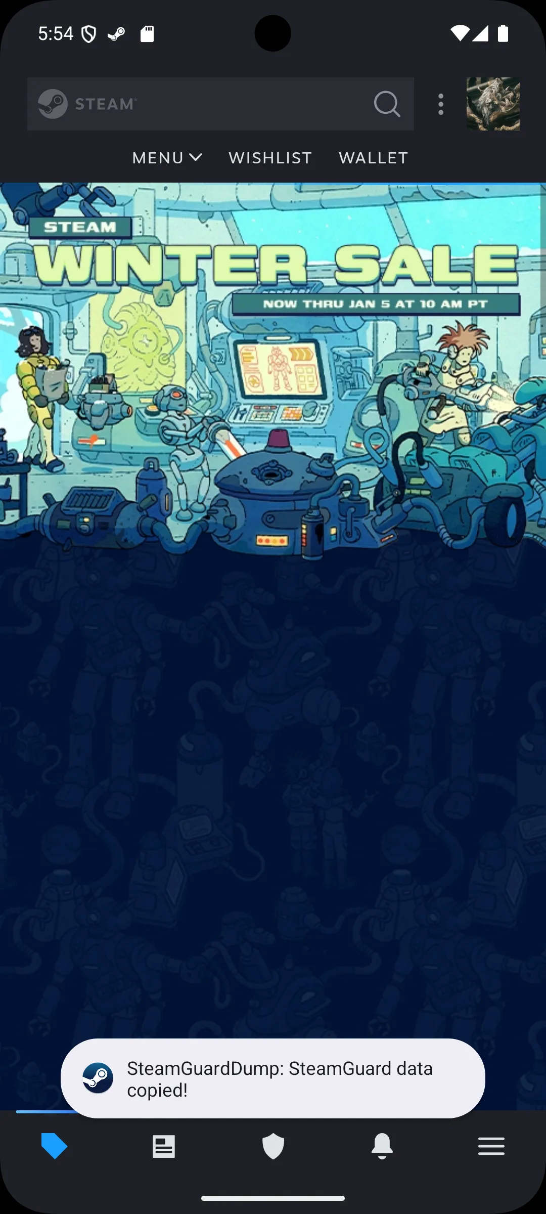 _A screenshot showing the Steam App. At the bottom a toast says: "SteamGuardDump: SteamGuard data copied!"