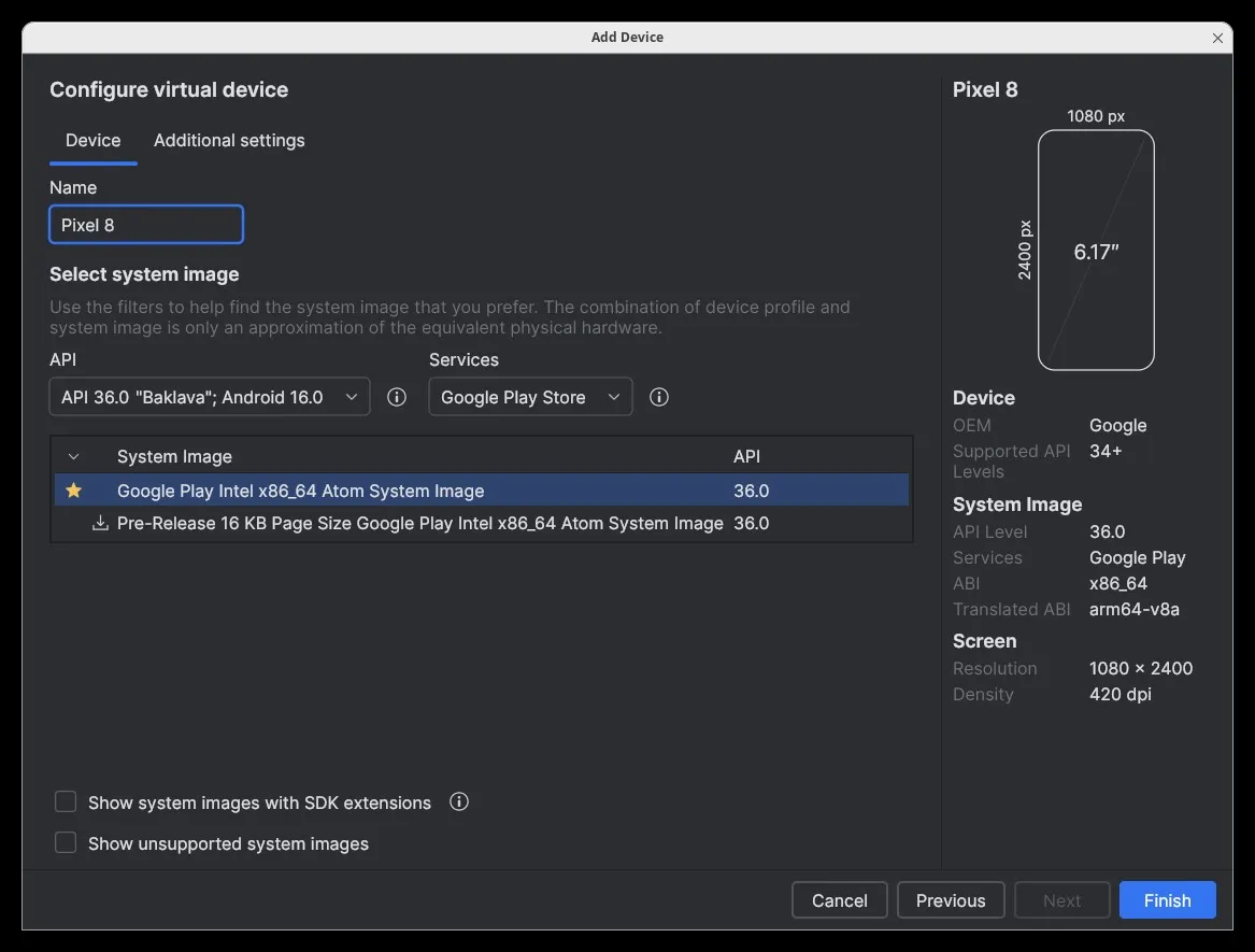 Creating a Google Pixel 8, API 36 with Google Play