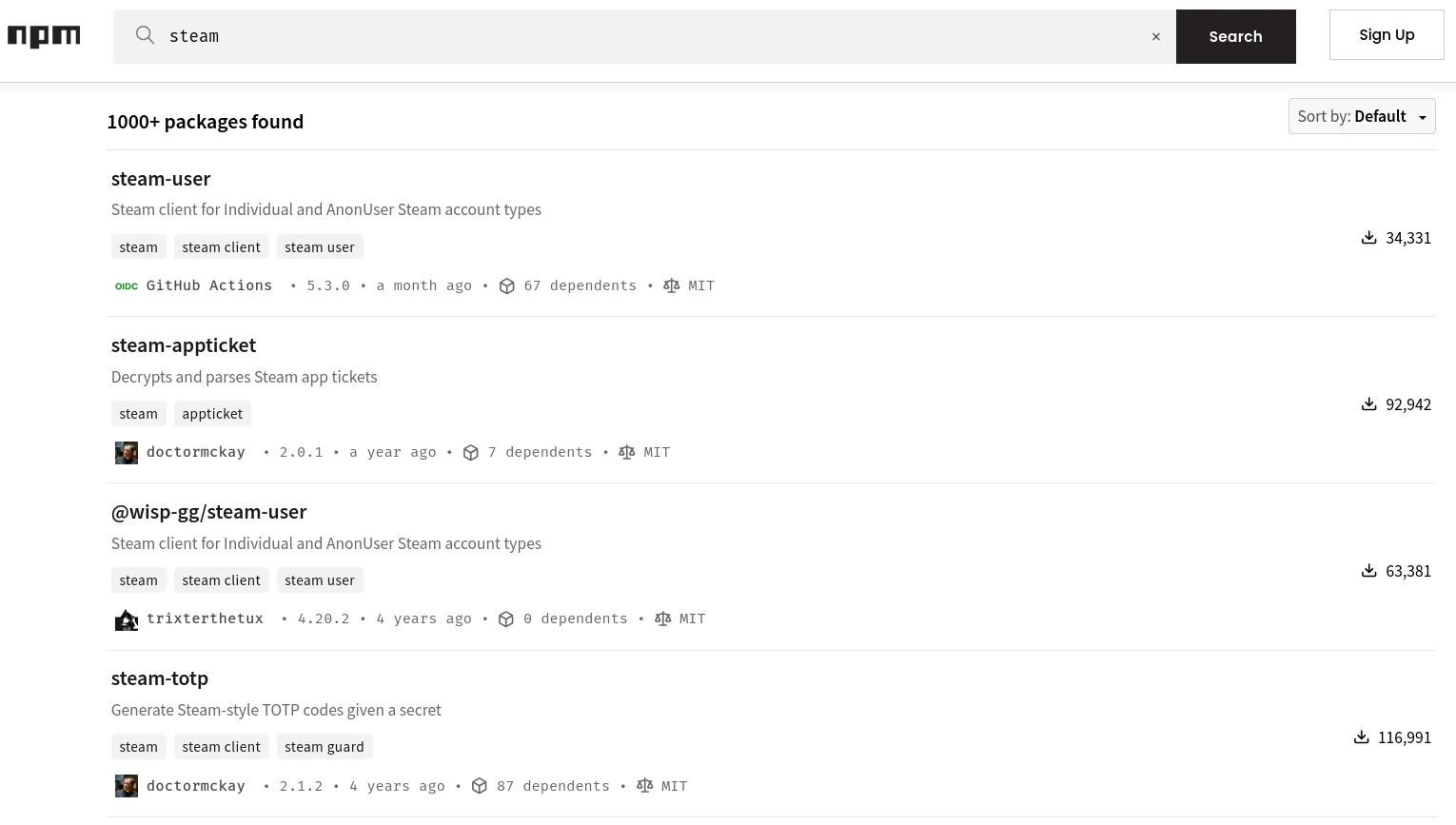 _The first four results on npm when querying "steam". The steam-totp package is the fourth result.