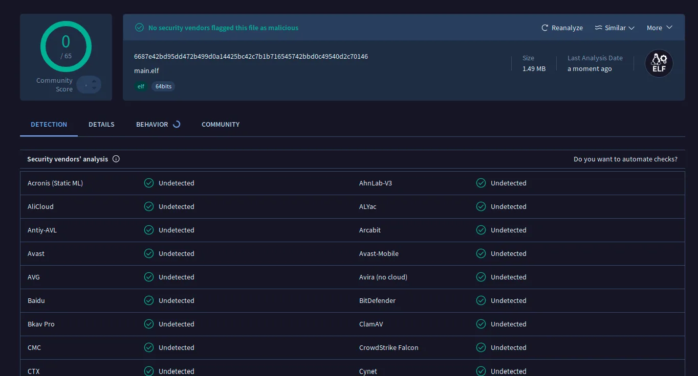 The VirusTotal scan showing 0/65 flags